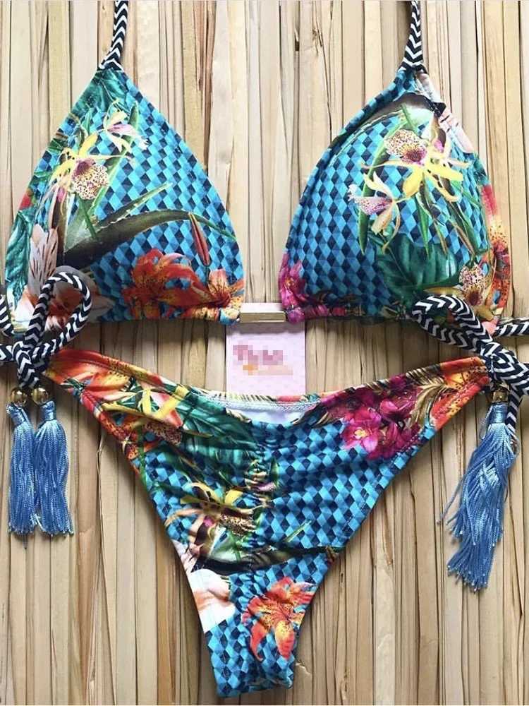 OIINAA Bathing Suit Women Sexy Printed Bikini Set Drawstring Swimsuit Halter Lace Up Two-piece Thong Summer 2024 Fa BiquinisXJ241212