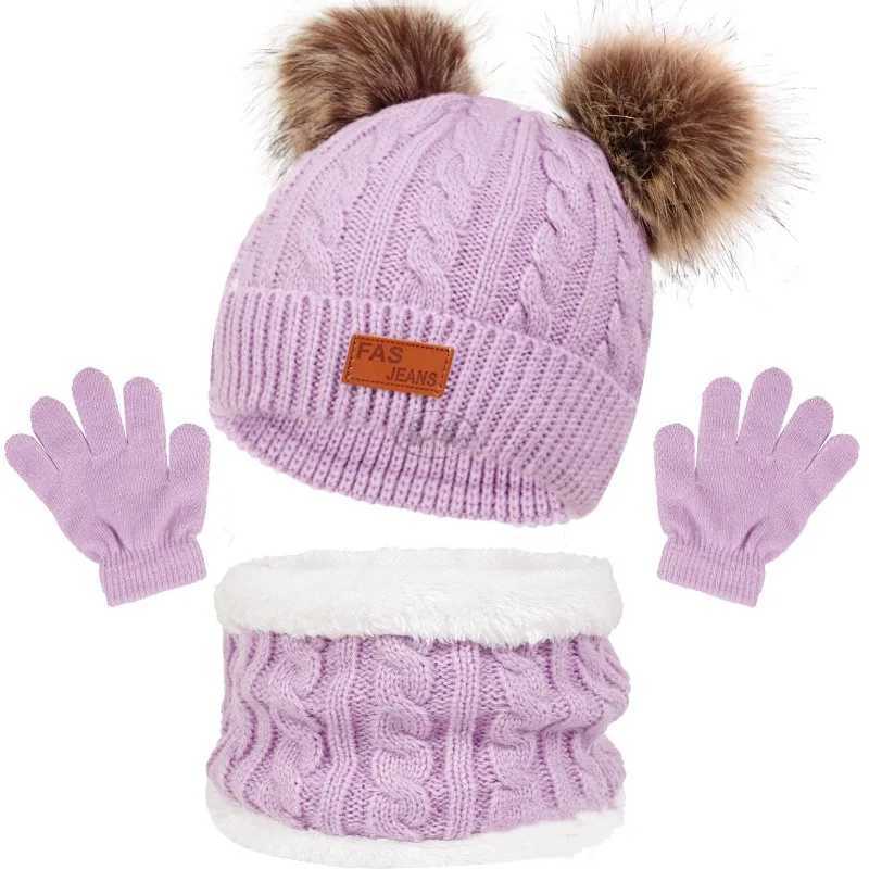 Scarves Wraps 1-5Y Autumn Winter Children Baby Knit Gloves Hat Scarf 3pcs Suit Fur Balls Outdoor Windproof Warm Kids Muffler Cap for Boy Girl H241213