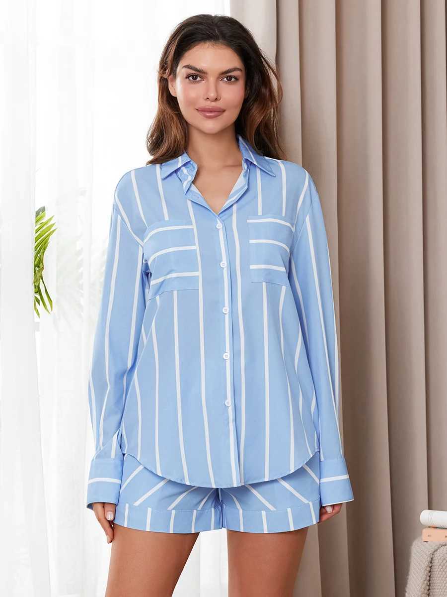 Women's Two Piece Pants Dourbesty Women Striped Print Long Slve Button Down Shirt + Shorts Set Loungewear Elegant Lady Spring Matching Suit Y2412