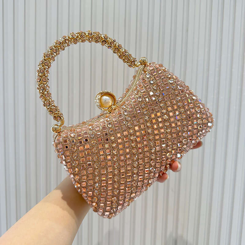 Hot pressed evening bag, luxurious diamond chain handbag, sparkling pearl crossbody small square bag