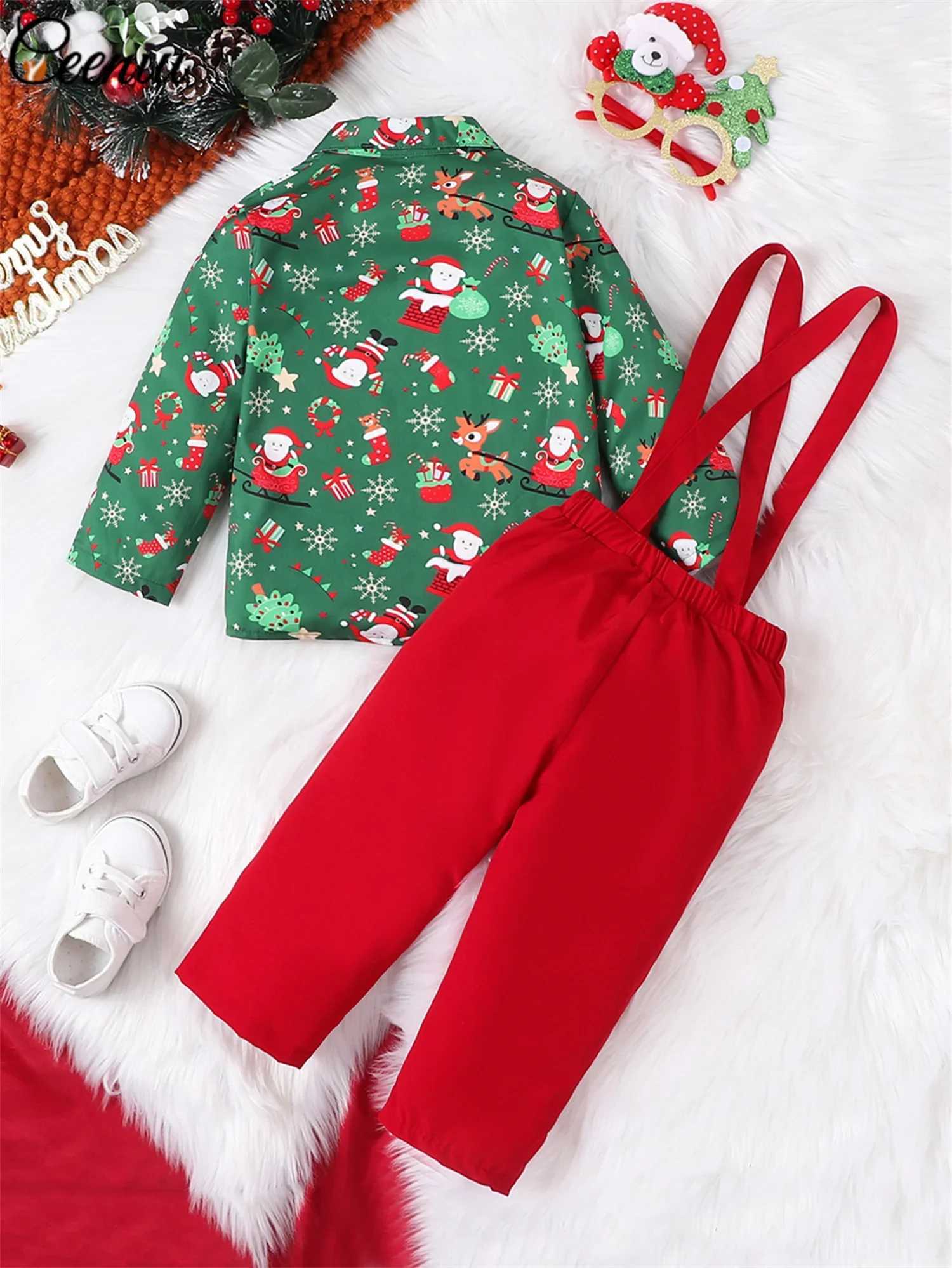 New Year Costume For Boys Christmas Outfits Gentleman Necktie Green Shirts Red Suspender Pants Kids Christmas Clothes W241213
