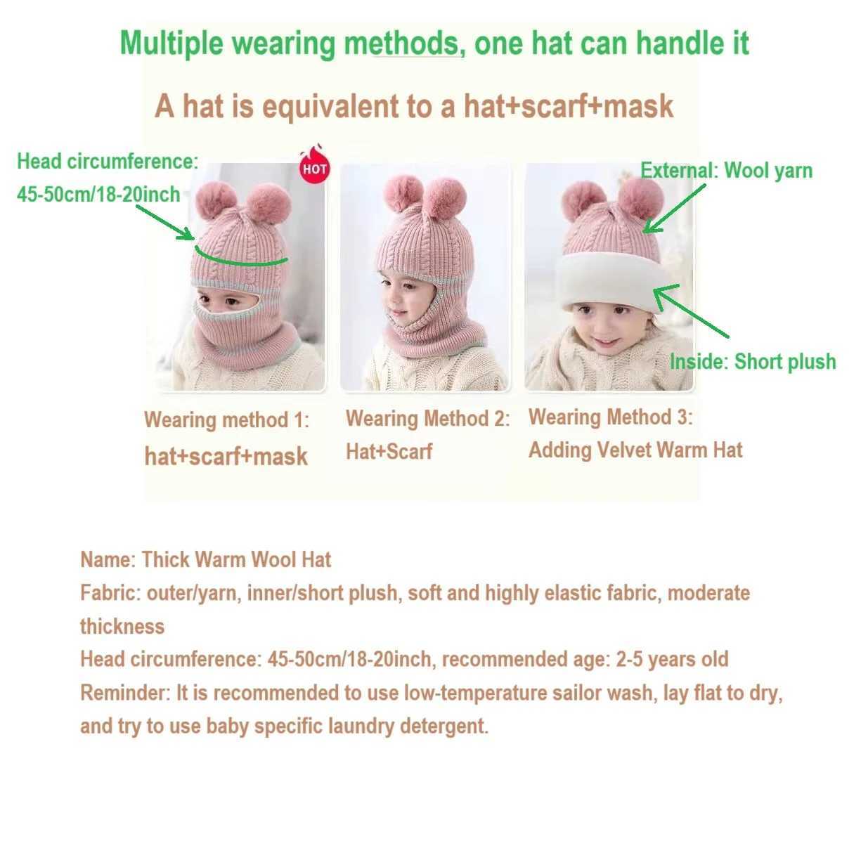 2-5year kids knitted hat winter warm woolen hat mask scarf one-pieceXJ241213