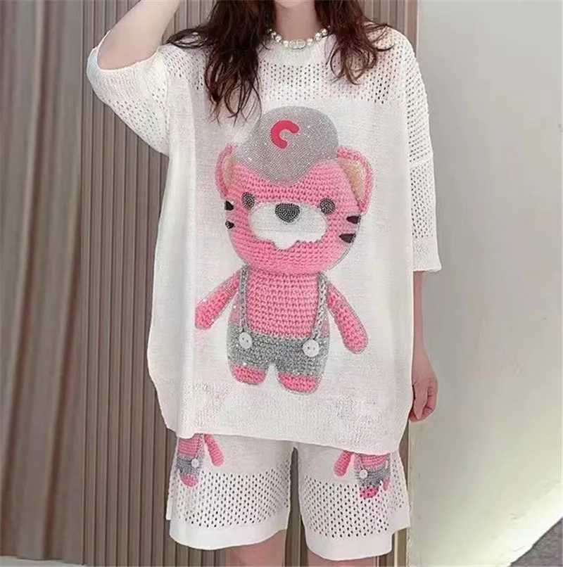 Women's Two Piece Pants 2023 Two Piece Sets Womens Outfits Hollow Out Cartoon Diamonds Short Sets Casual Knitting Tops and Shorts Y241213C1NI