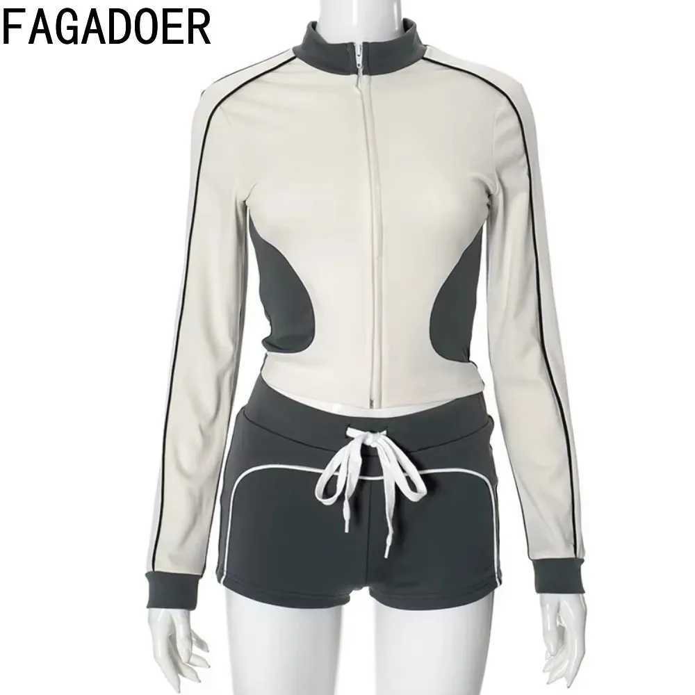 Women's Two Piece Pants FAGADOER Color Block Sport 2 Piece Sets Outfit Women Autumn Tracksuits Zip Jacket + Drawstring Shorts Suits Jogger Strtwe