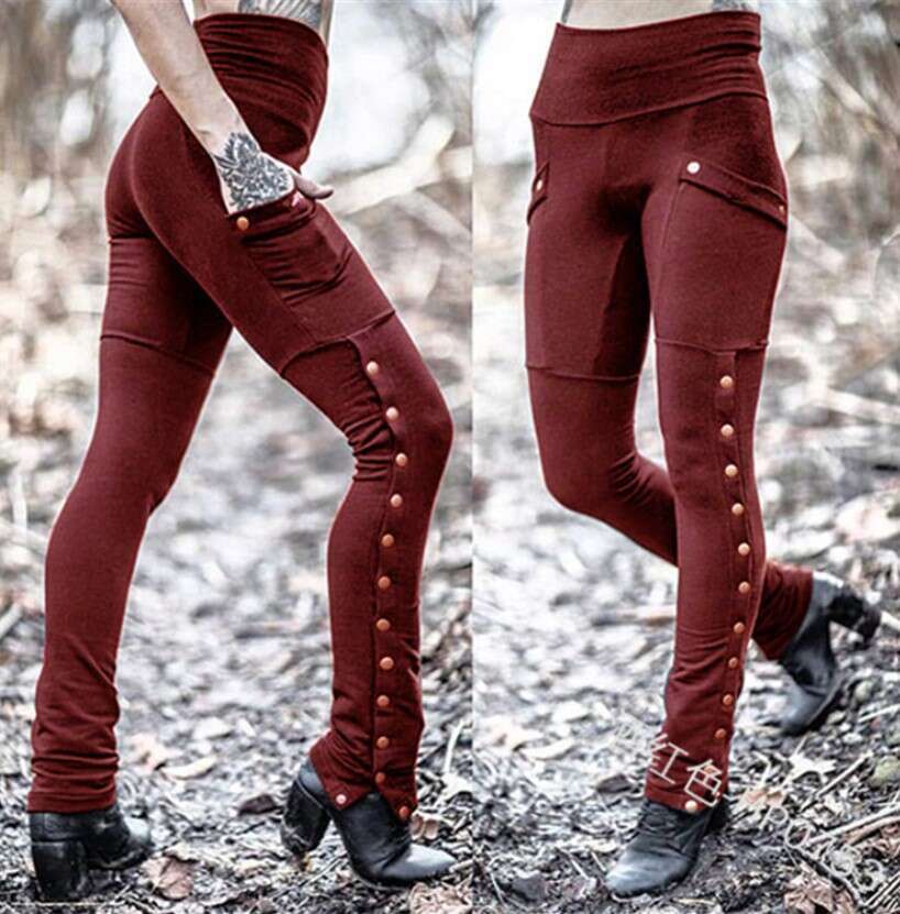 Fashionable And Handsome Women's Rivet Slit Sexy Design Small Leg Slim Fit Elastic Pocket Decoration Pencil Pants Fashionable Quality Classic