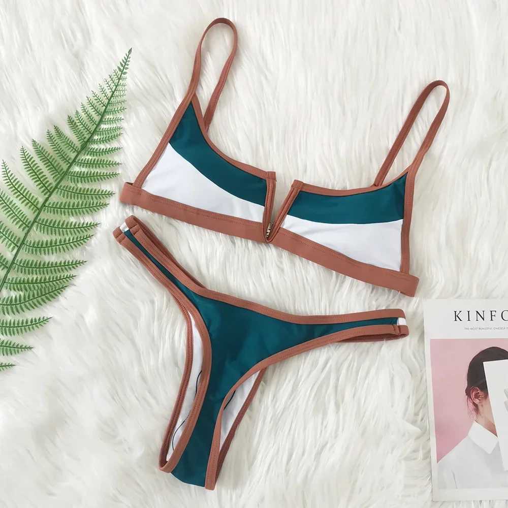 S-XL V-bar Sexy Bikini Thong Brazilian Swimwear Women Cololock Vintage Swimsuit Summer Micro Blue Green Bathing Suit BiquiniXJ241212