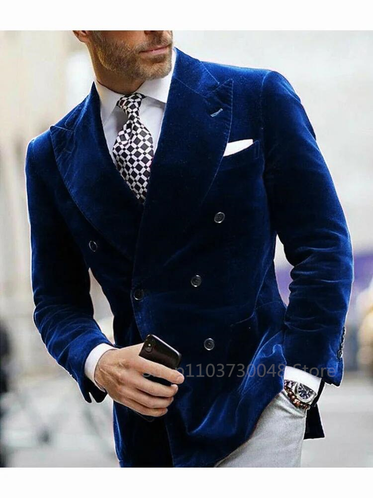 Green/Black Veet Blazer For Men With Peak Lapel Double Breasted Dinner Jacket Elegant Smoking Suit Wedding Coat