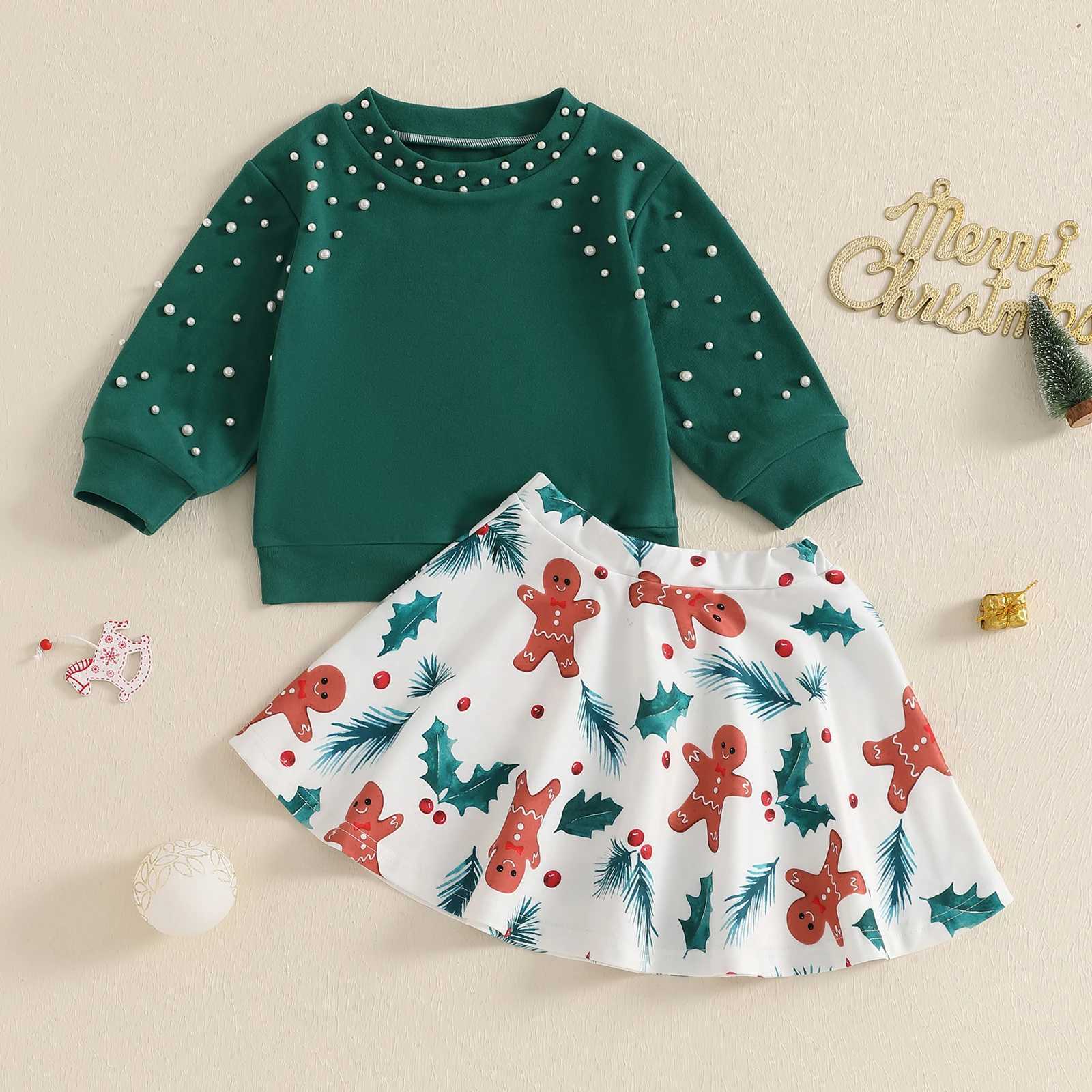 1-5 Year Childrens and Girls Christmas Set Fashion Pearl Bead Long Sleeve Sweater Gingerbread Mens Printing Techniques 2-piece Set W241213