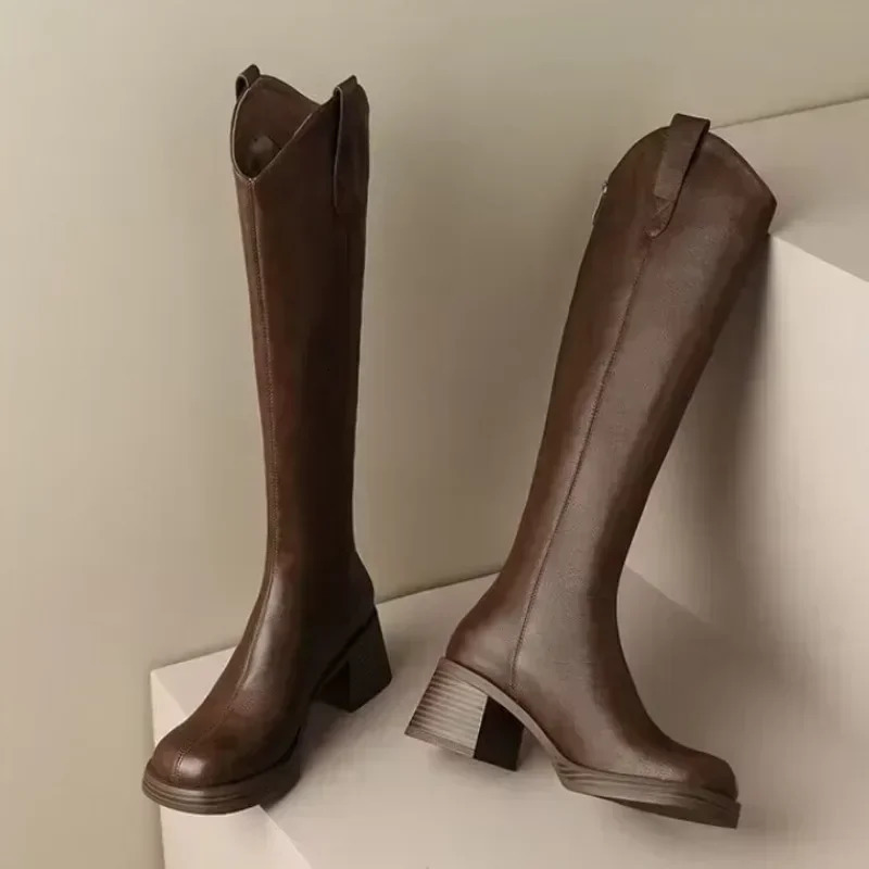 Womens shoes 2024 high-quality back zipper womens shoes round toe modern womens shoes selling solid knee high boots Zapatos 241213