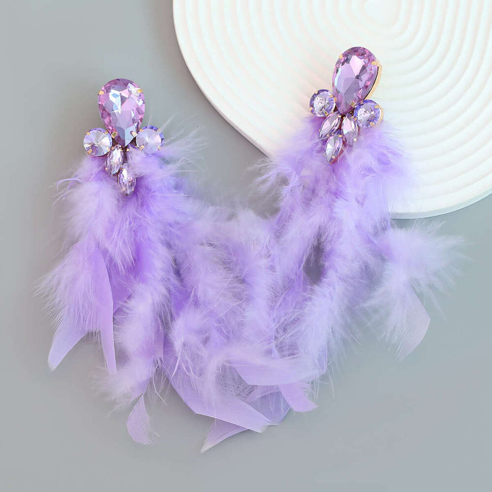 Long feather earrings, women's alloy dia inlaid ral tassels, artistic Bohemian jewelry