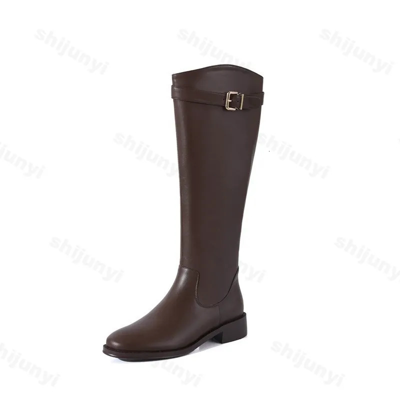 Retro Warm Plush Womens Knee High Boots Fashion Buckle Shoes Autumn Winter Low Boots Womens Knight Long Boots 241213