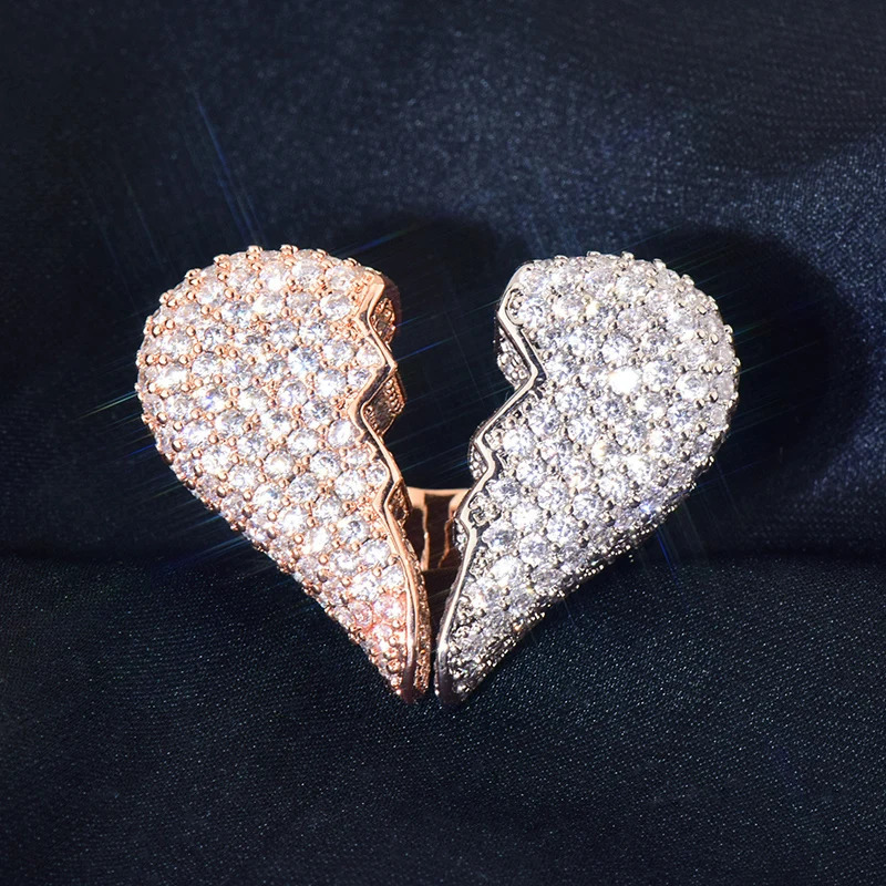 Hip Hop Rapper 5A CZ Stone Paved Bling Ice Out Broken Heart Rings for Men Women Unisex Lover Jewelry Gold Silver Color 241213