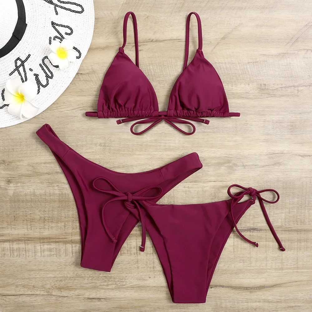Sexy 3 Piece Bikini Set Women Solid Blue Purp Push Up Bandage Triang Swimsuit Brazilian Beach Bathing Suit Swumwear BiquiniXJ241212