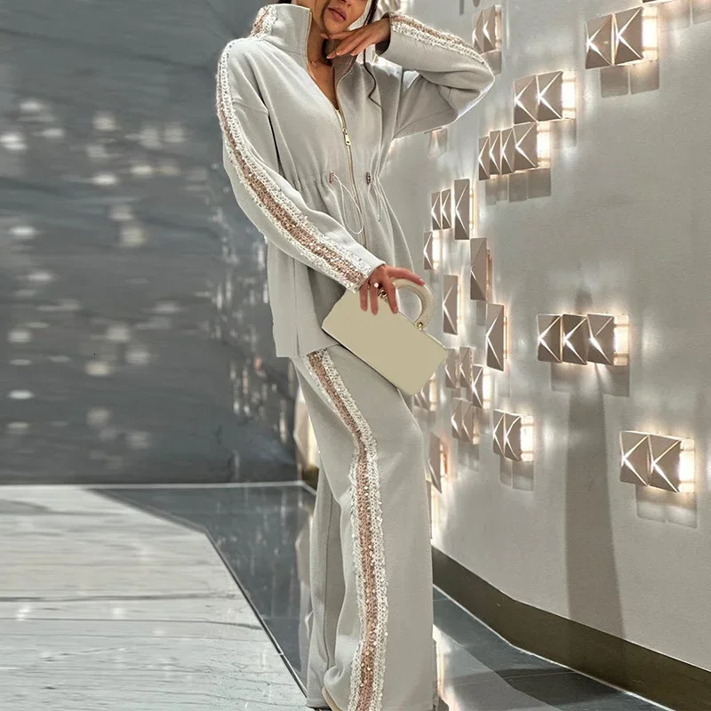 Vintage Sequin Solid Color Long Sleeved Drawstring Top Wide Leg Pants suit 2025 Elegant Shiny Lady Chic Office Autumn set 241203