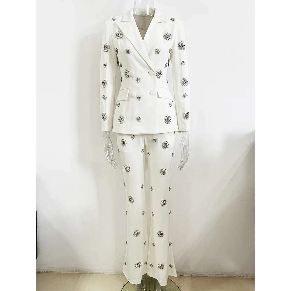 Ladies' Suit TOP QUALITY Newest Fashion Designer Set Women's Urious Rhie Dias Beaded Blazer Flare Pants Suit 2Pcs