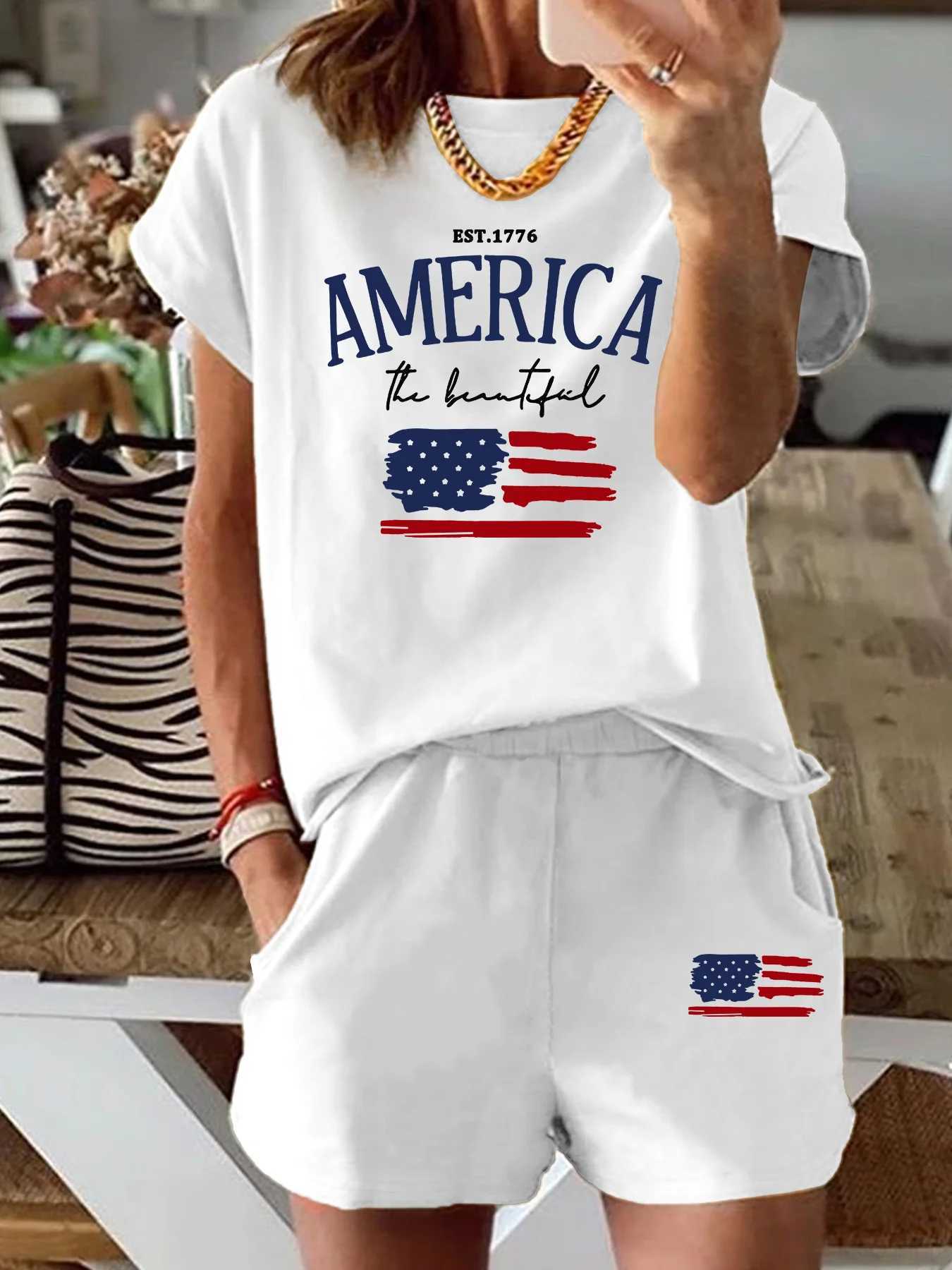 Women's Two Piece Pants Summer womens Comfortable and loose white cartoon print casual loose round neck short slved T-shirt shorts two-piece set 