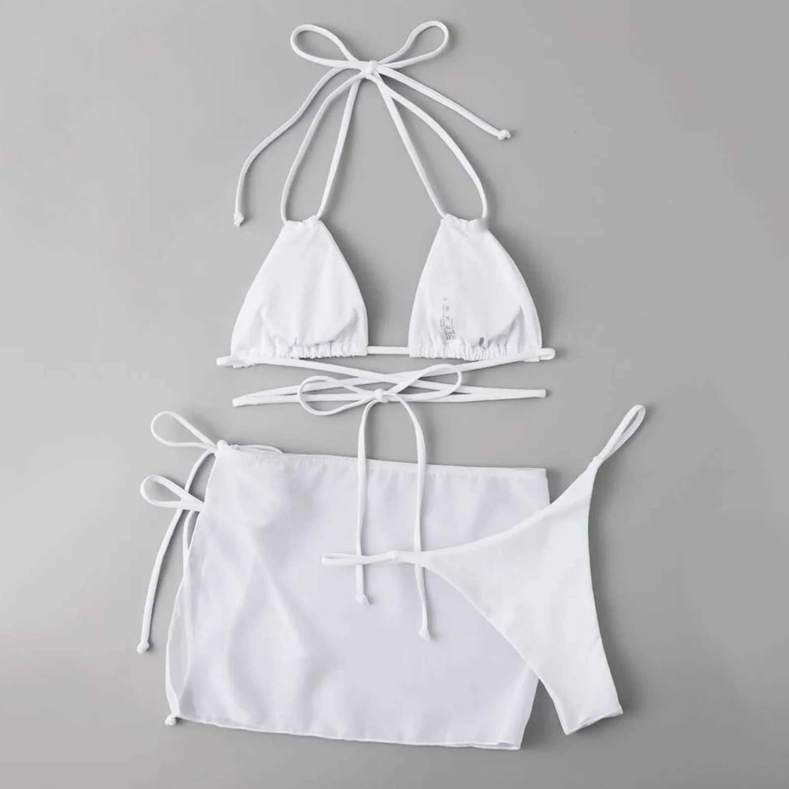 3pcs Thin Strap Bikini Set For Womenm Sexy Cross Bandage Swimsuits Halter Lace-Up Bathing Suit With Cover Ups Trajes De BaOXJ241212