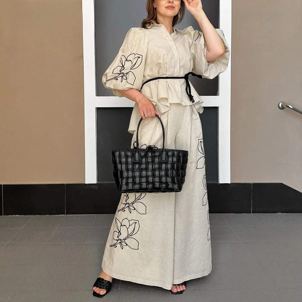 Solid Printing Two Piece Sets For Women Lapel Puff Sleeve Top High Waist Wide Leg Pant Casual Set Female Fashion