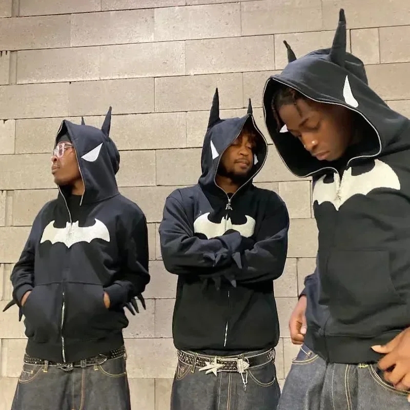 Y2k Zip Up Gothic Embroidery Bat Anime Hoodie Hip Hop Men Women Oversized Sweatshirt Haruku Rock Fashion Streetwear Top
