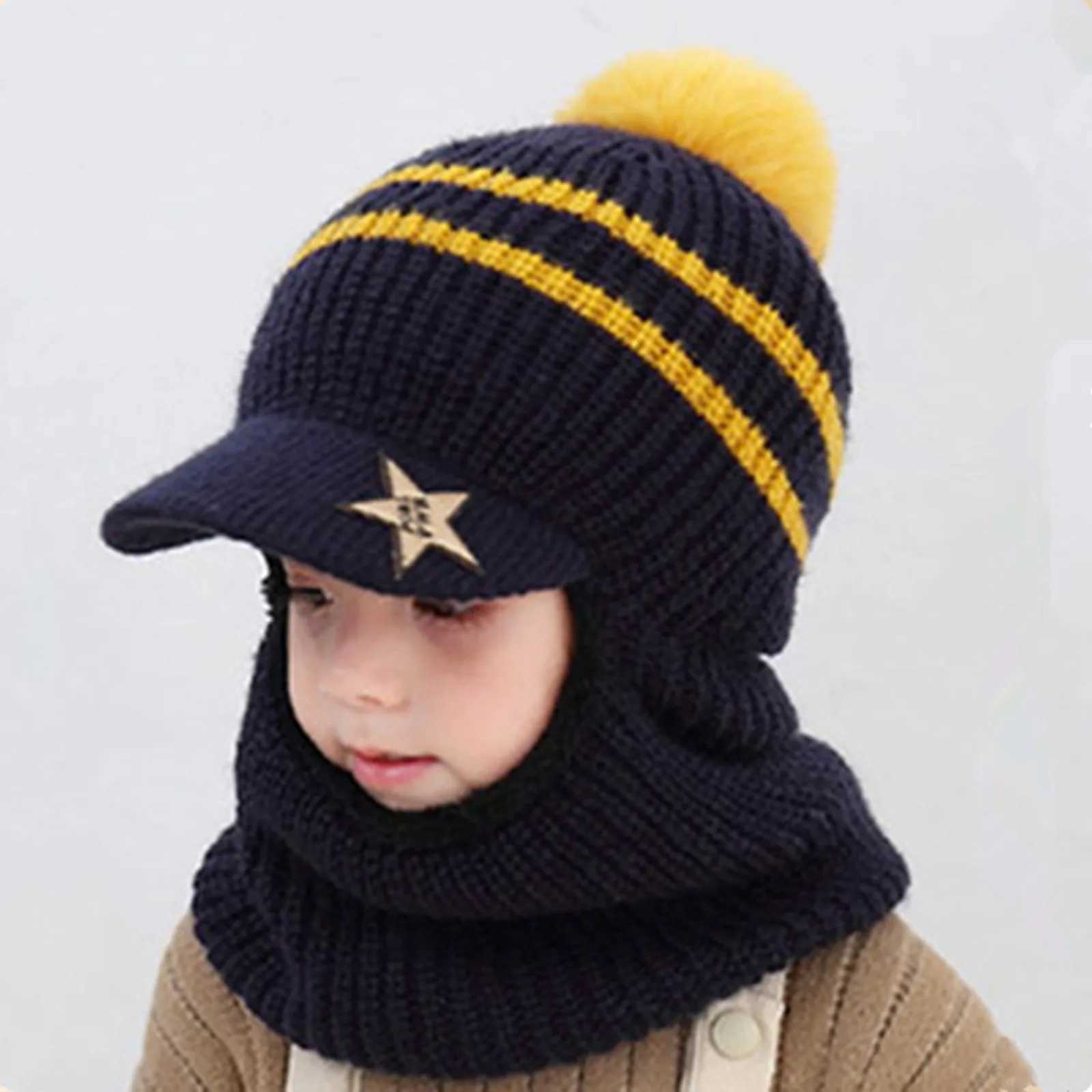 2024 Winter Kid Hooded Caps Windproof Ski Cycling Earflap Scarf Hat Toddler Baby Knit Thick Warm Beanie Cold Weather AccessoriesXJ241213