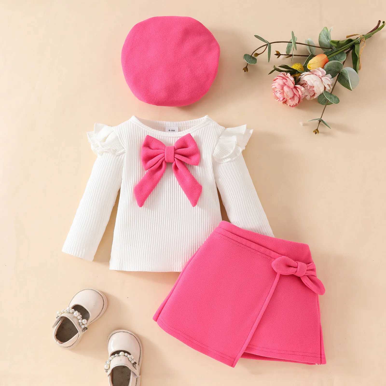 Baby girl set solid color set 0-3Y long sleeved bow top irregular skiing and beret 3-piece baby Christmas costume W241213