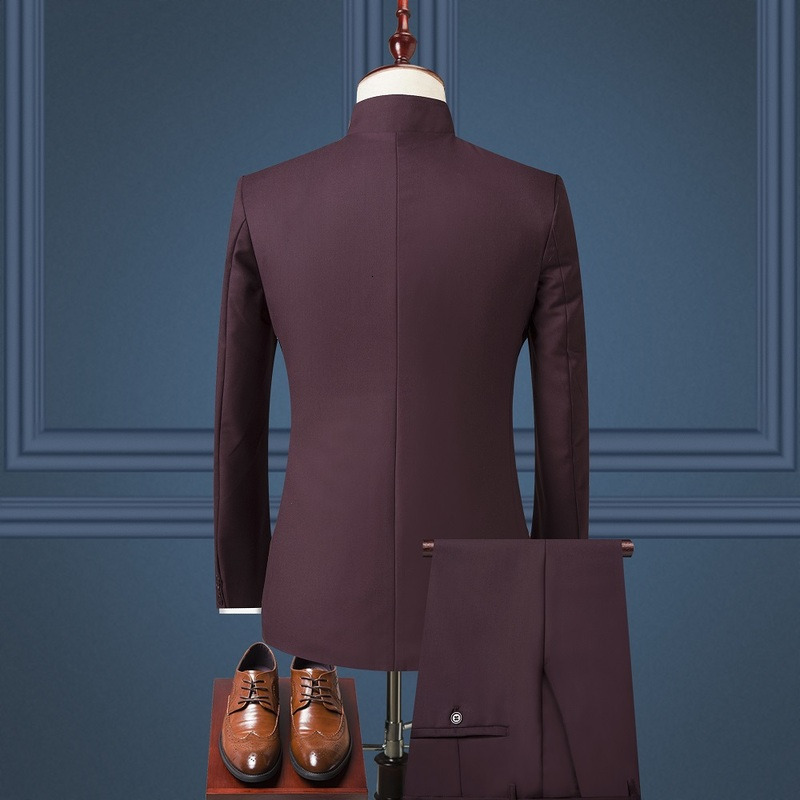Mens Set (Jacket+Pants) 2024 New Boutique Fashion Stand Collar Chinese Style Slim Fit Suits Two Piece Wedding Men Clothing