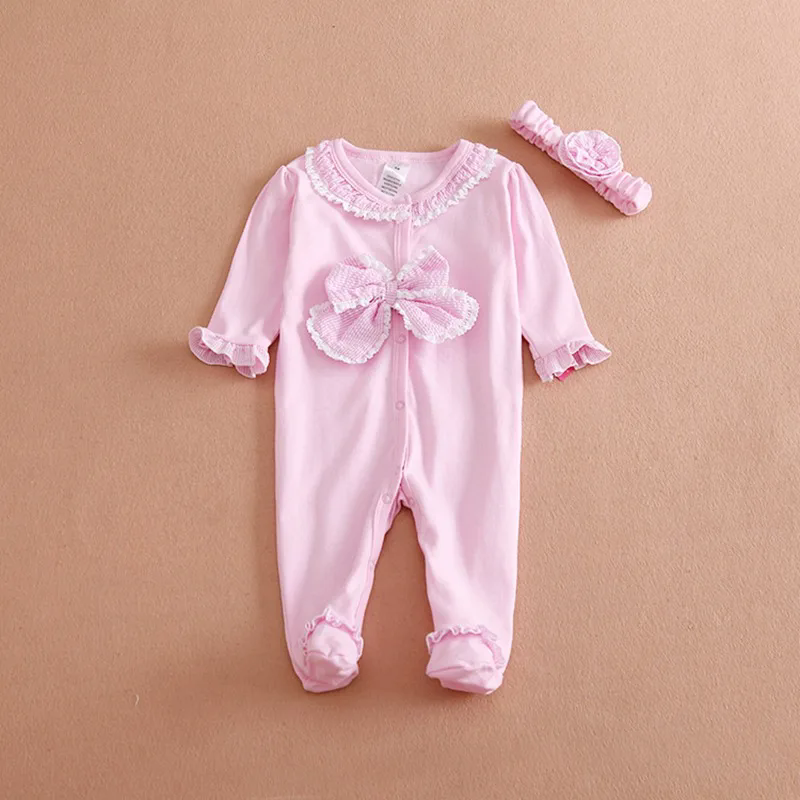 Newborn Baby Girl Clothes Lace Flowers Romper Clothing Set Jumpsuit Headband 2 PC Cute Infant Cirls Rompers