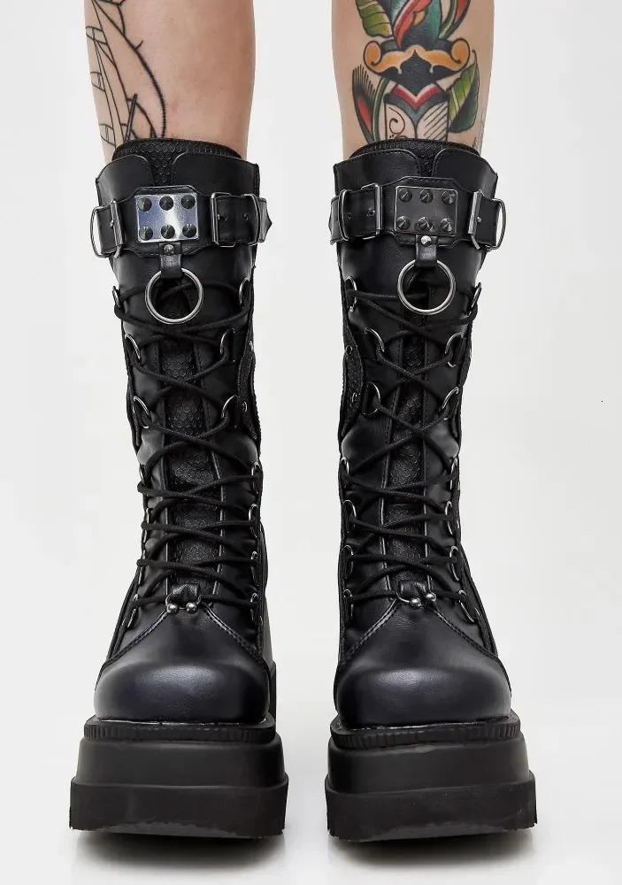 Womens Gothic Platform Boots Fashion Rivet Buckle Punk Wedge High Heels Womens Party Shoes Role Playing Womens Shoes 241213