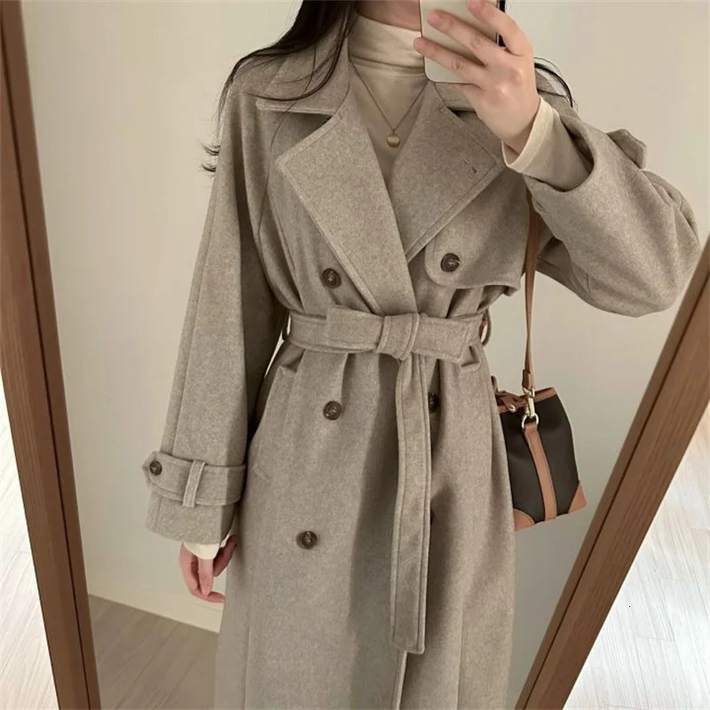 EWQ Korean Temperament Double Breasted Laceup Doublefaced Cashmere Coat Women Winter Thick Overcoats Autumn 16O2722 241213