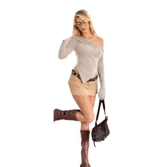 2024 hot selg women's asymmetrical collar pullover solid color long sleeved knitted sweater in Europe and America