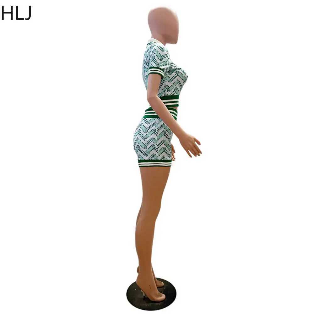 Women's Two Piece Pants HLJ Blue Summer Printing Shorts Two Piece Sets Women Polo Nack Crop Top And Shorts Outfits Fashion Y2K Matching 2pcs Strt