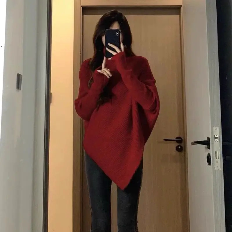 Autumn and Winter Womens Sweater Korean Fashion Casual Turtle Neck Solid Asymmetric Loose Batwing Sleeve Pulling Flower Knitted Top 241212