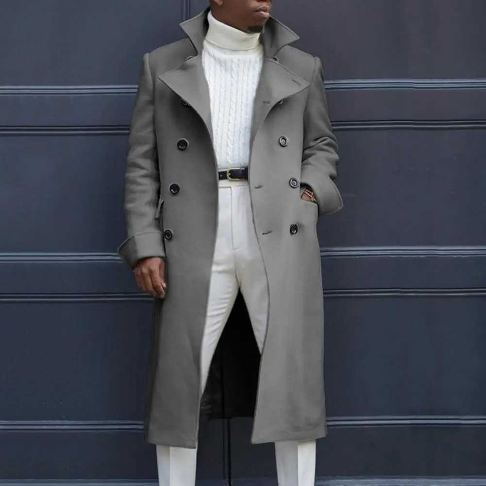 Lapel Men Coat Men Long Windbreaker Coat Stylish Mens Double-breasted Trench Coat Mid Length Windproof Thick Versatile for FallXJ241212