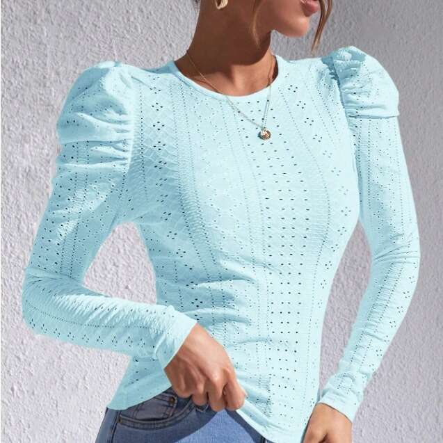 2023 European American autumn and winter new solid color long sleeved jacquard fashionable casual T-shirt