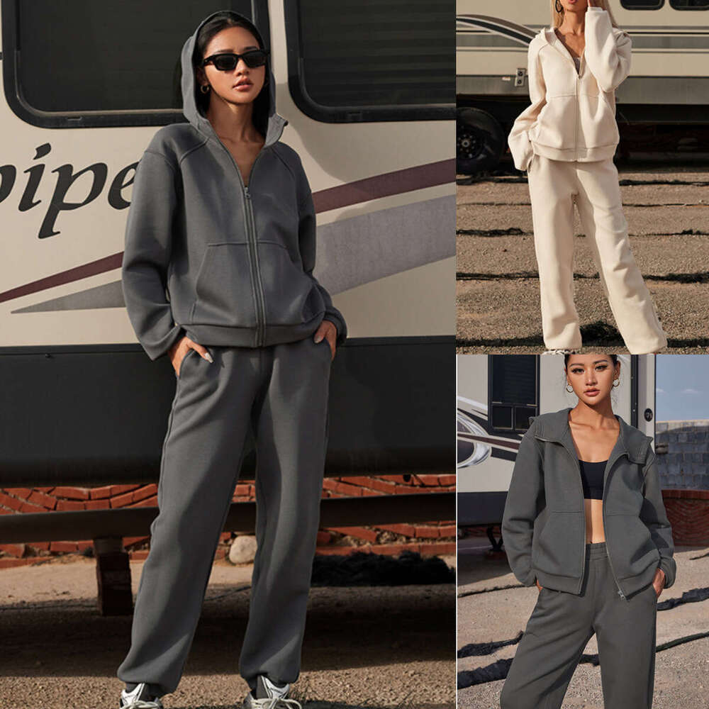 Spring Autumn European American Women's Solid Color Hooded Long Sleeved Ankle Binding Sports Two-Piece Set, Trendy Clothing, Fashionable And Casu