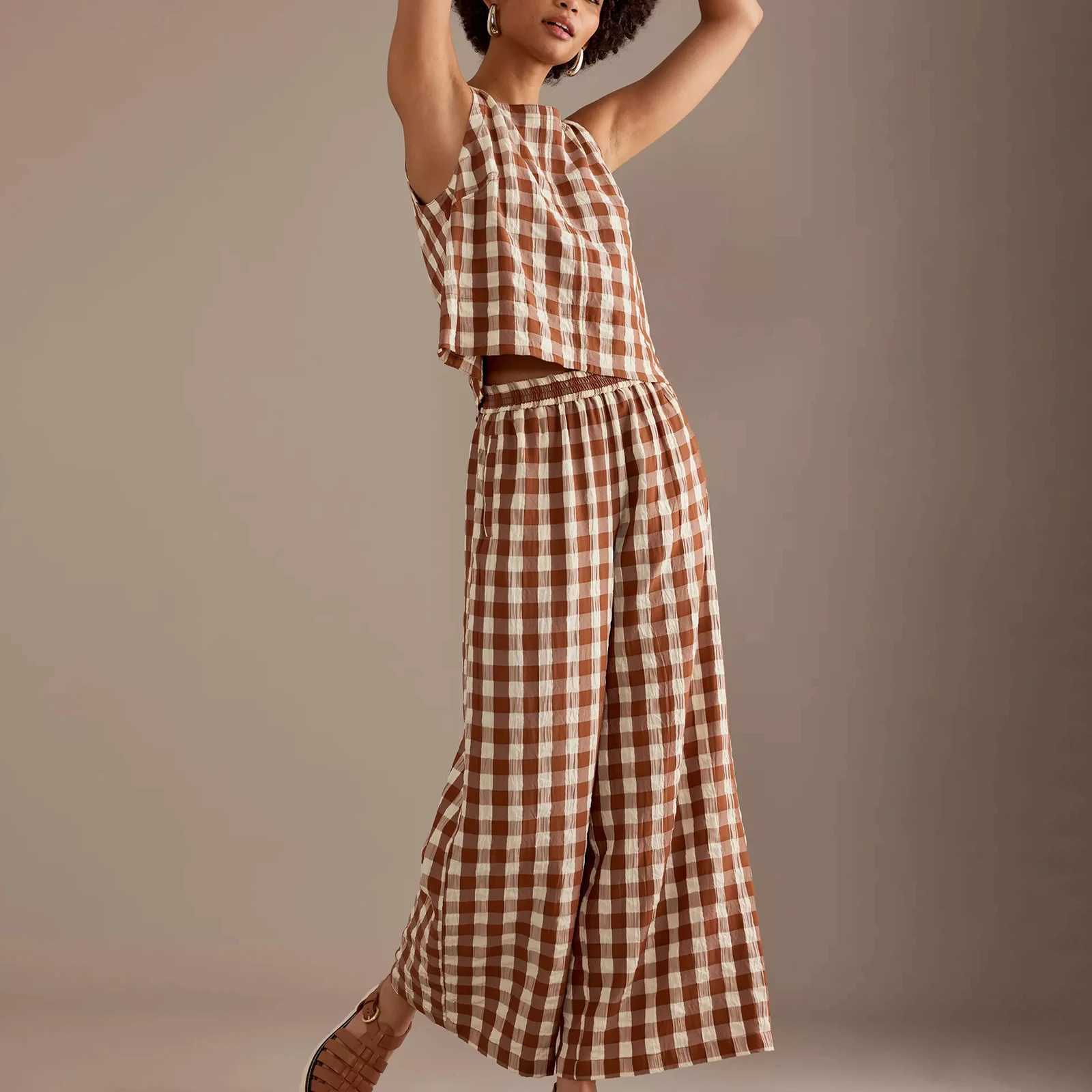 Women's Two Piece Pants Hirigin Gingham 2 Piece Lounge Pants Sets for Women Y2k Plaid Print Outfits Slveless Tank Top Baggy Wide Leg Pants Suits 