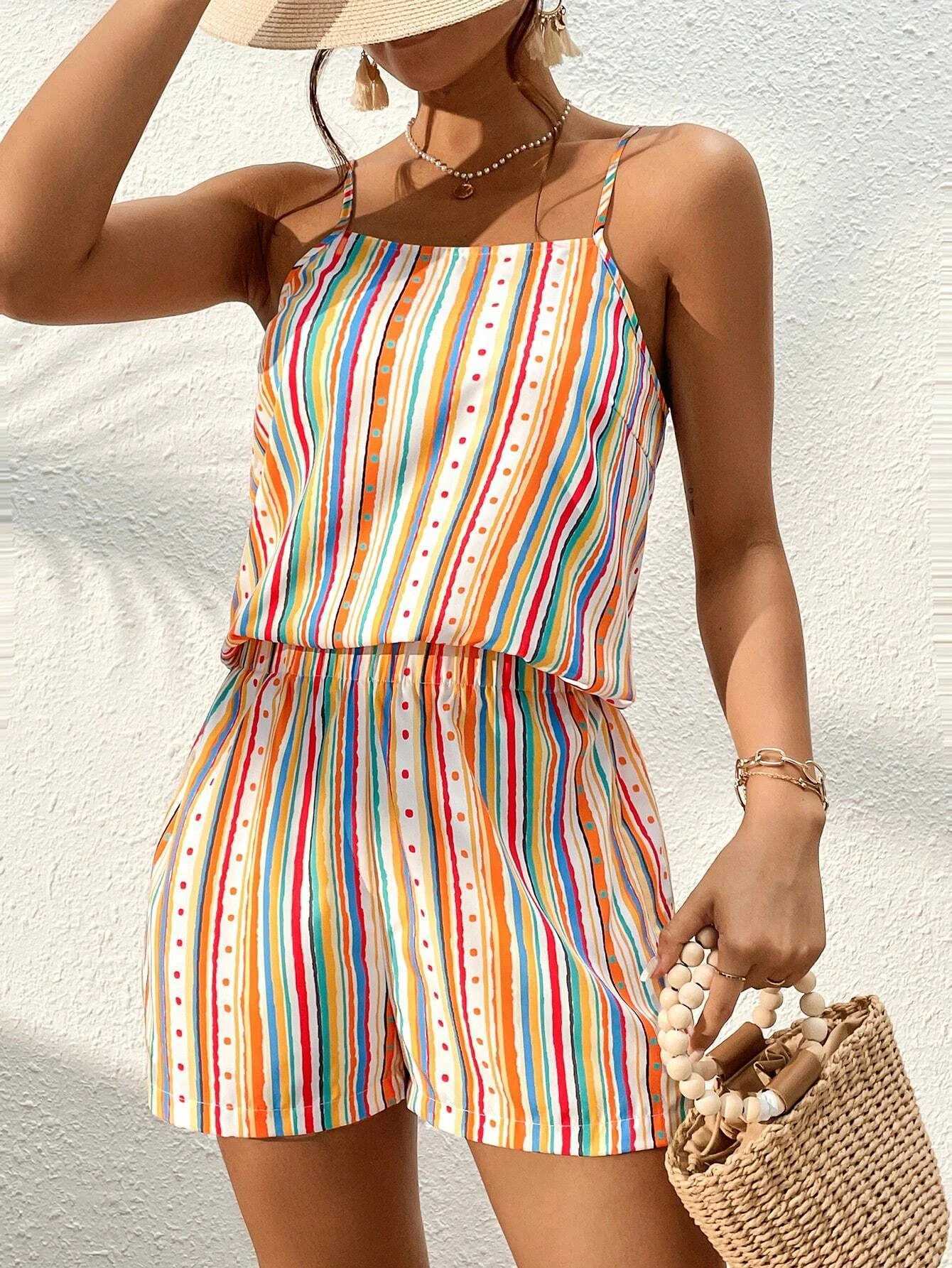 Women's Two Piece Pants Elegant fashionable and swt striped polka dot suspender shorts set for European and American women Y241213OQXS