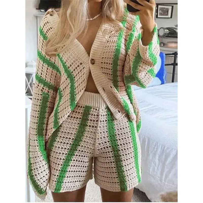 Women's Two Piece Pants Jinia trendy striped 2 piece sets women 2024 lapel knitted long slve top loose pants short sets summer ladies boho strtwe