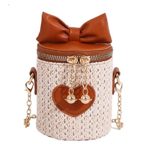 2025 New Bohemian Mini Splicing Straw Water Bucket Women's Crossbody Woven Chain Bow Bag