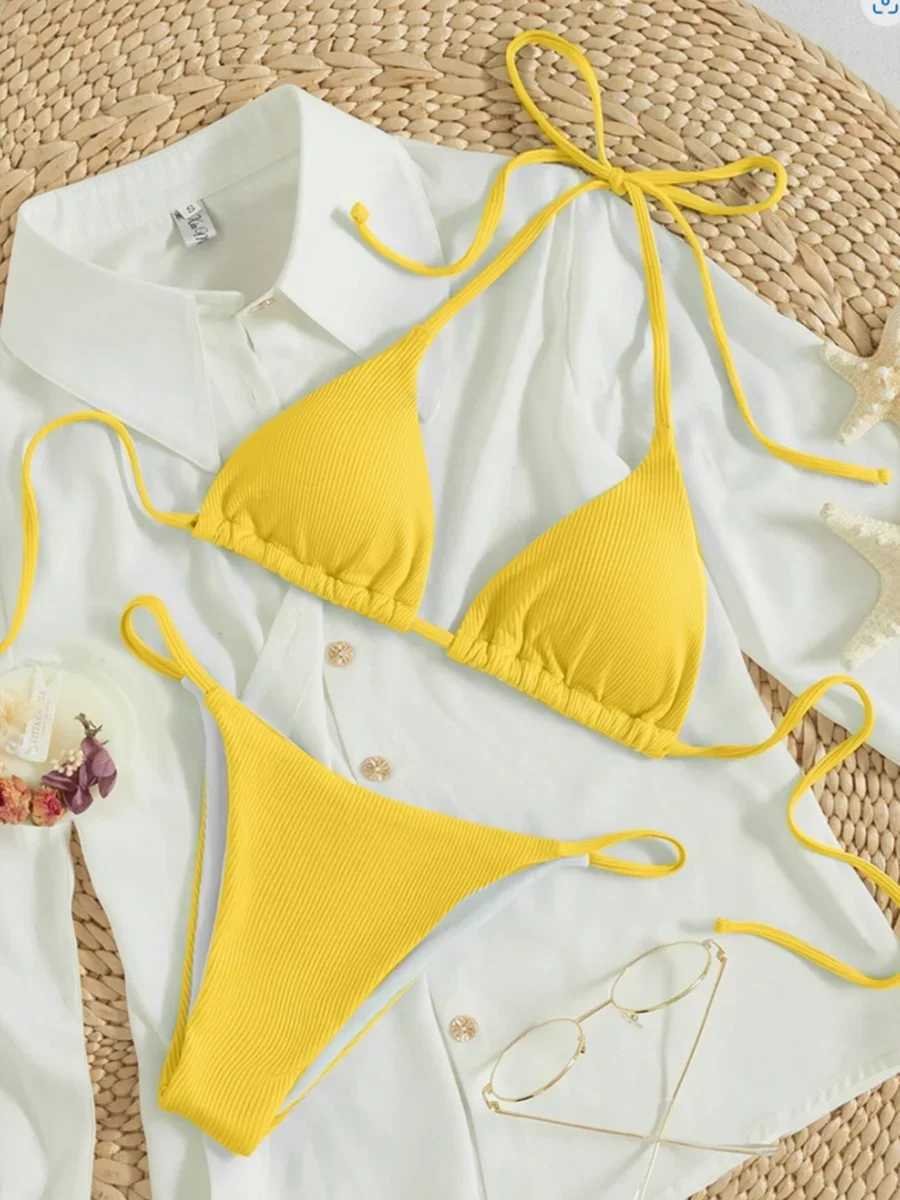 String Bikinis 2024 Women Sexy Triang Swimsuit Solid White Swimwear Fa Padded Bathers Bathing Swimming Swim Suit BeachwearXJ241212