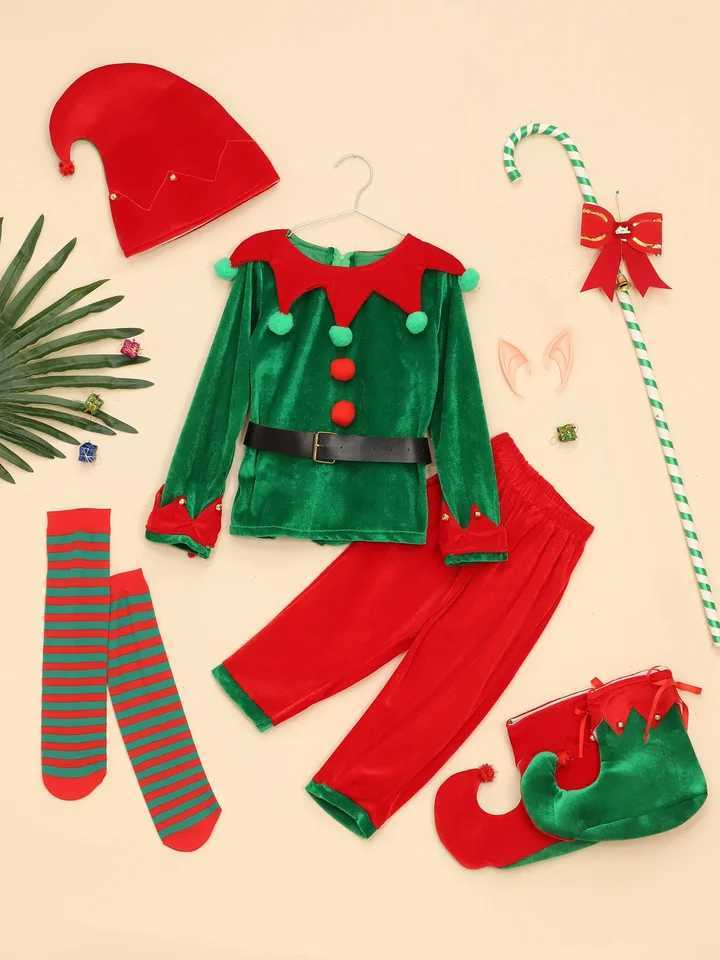 2-12 Yrs Kid Deluxe Christmas Elf Costume 7 Pieces Green Red Elevs Suit Top+Pants+Socks+Hat+Belt+Shoes Covers+Ears Santa Uniform W241213