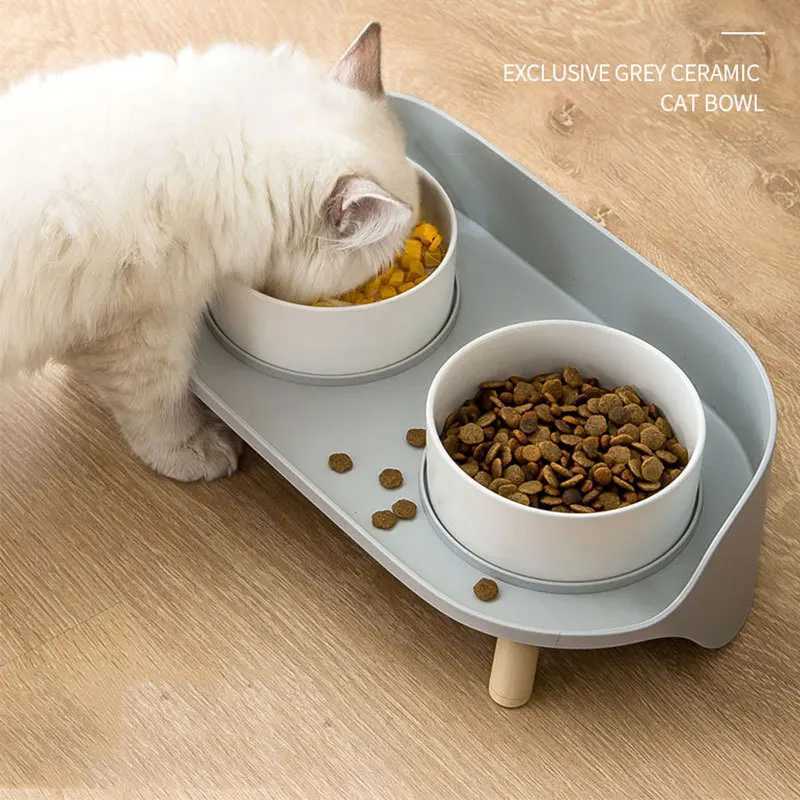 Cat Feeders Cats Food Water Feeder Cat Double Bowls with stand Puppy Ceramic Double Drinking Dish Bowl Wooden Rack Pet Tableware food tray z241213