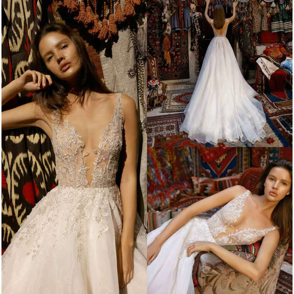 Sexy Summer Bohemian Lace Chiffon Wedding Dresses Plugning V Neck Backless Bridal Gown With Bead Tulle Beach Vetido De Novia