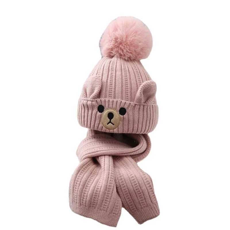 Warm Kids Beanie Scarf Set European Sle Bear Crochet Bonnet for Toddler Boy Girl Outdoor Autumn Winter Hat Scarf SetXJ241213
