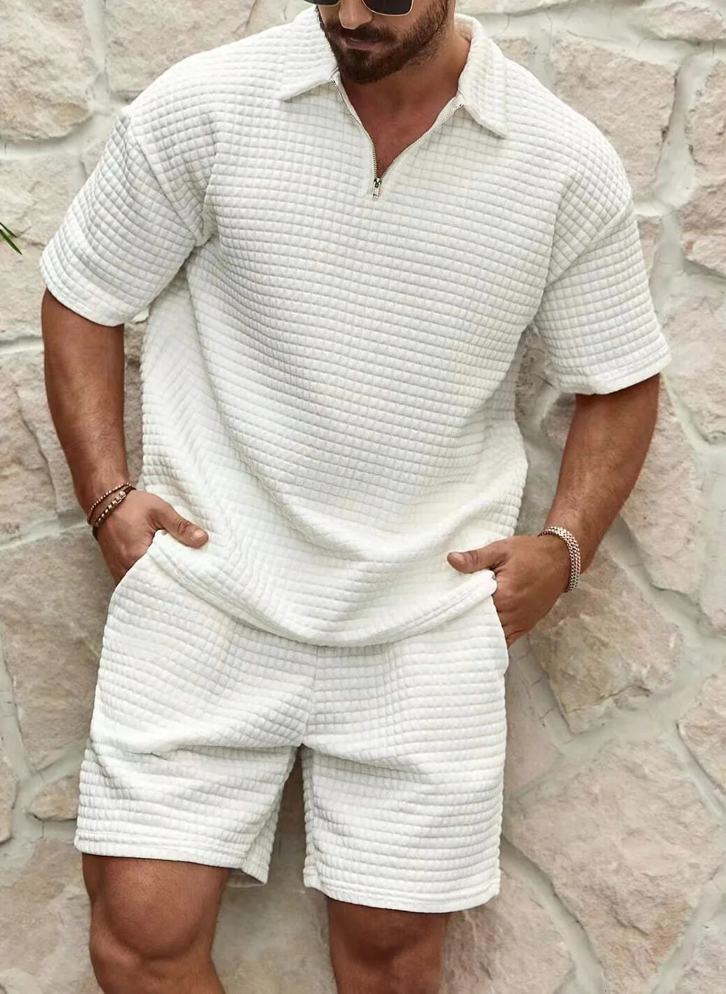 Mens suit with waffles solid color lapel shirt short sleeved shorts spring and summer sportswear casual loose fashionable mens clothing 241211