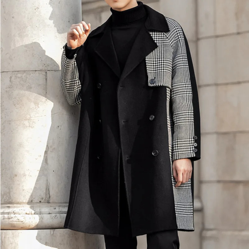 Double Sided Cashmere Coat Mens Thousand Bird Lattice Stitched Winter Medium Long Wool Blend Cloth Thickened Trench 241213