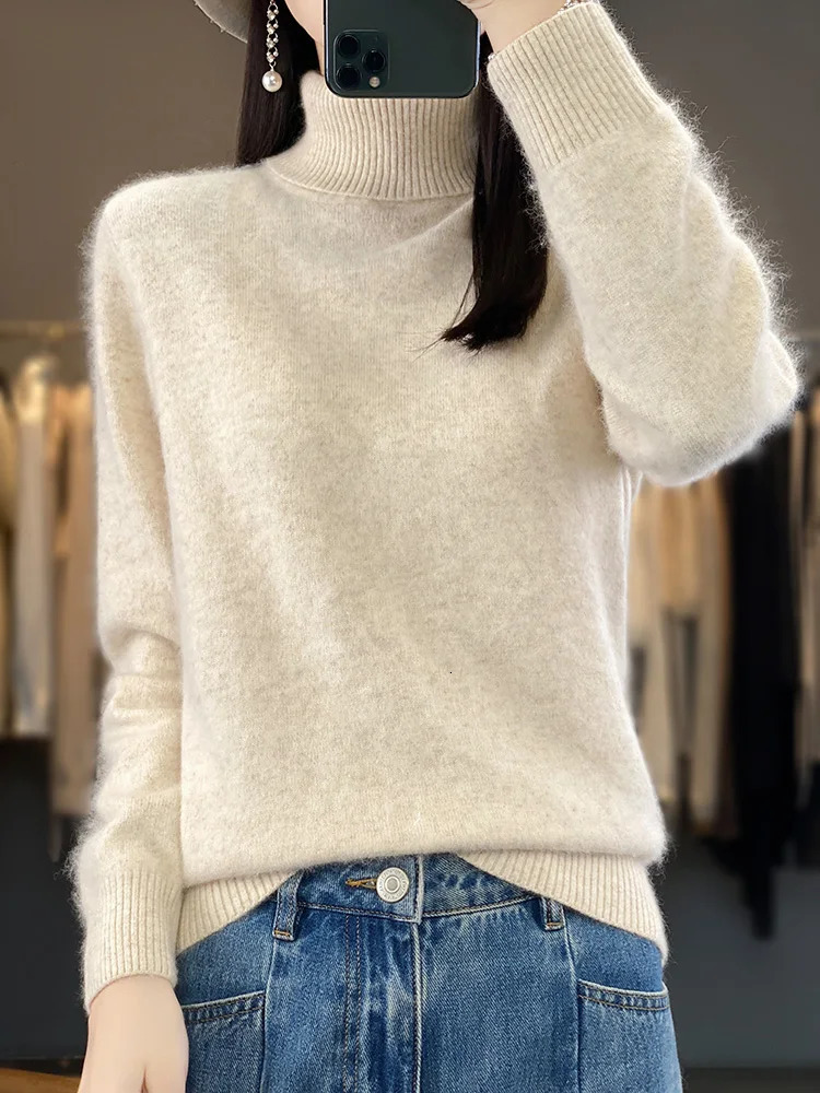 100 Mink Cashmere Women Sweater Basic Bottoming Female Pullover Long Sleeve Knitwear Tops Turn Down Collar Autumn Winter 241203
