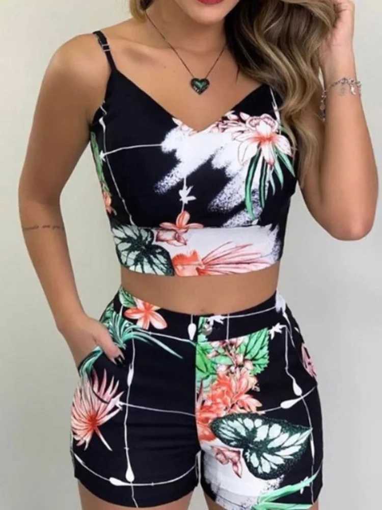 Women's Two Piece Pants Print Spaghetti Strap Crop Top Short Sets Casual Summer 2 Piece Outfits for Women Y2412139X51