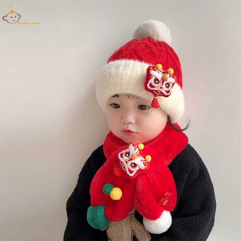 Scarves Wraps Baby Knitted Hat Scarf Set Autumn Winter Chinese Lion Cap For Girls Boys Cute Cartoon Christmas Scarf Baby One Year Old Gifts H241213
