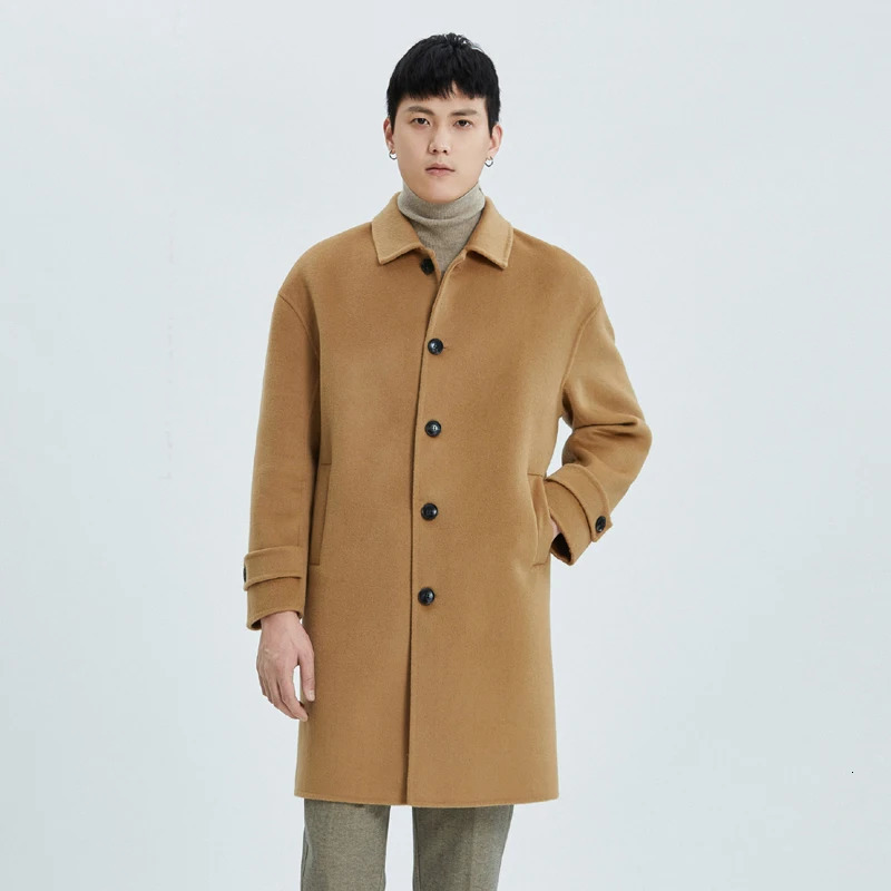 Jueqi mens Koreanstyle cashmere coat medium length doublefaced wool 100% pure camelcolored MR3024 241213